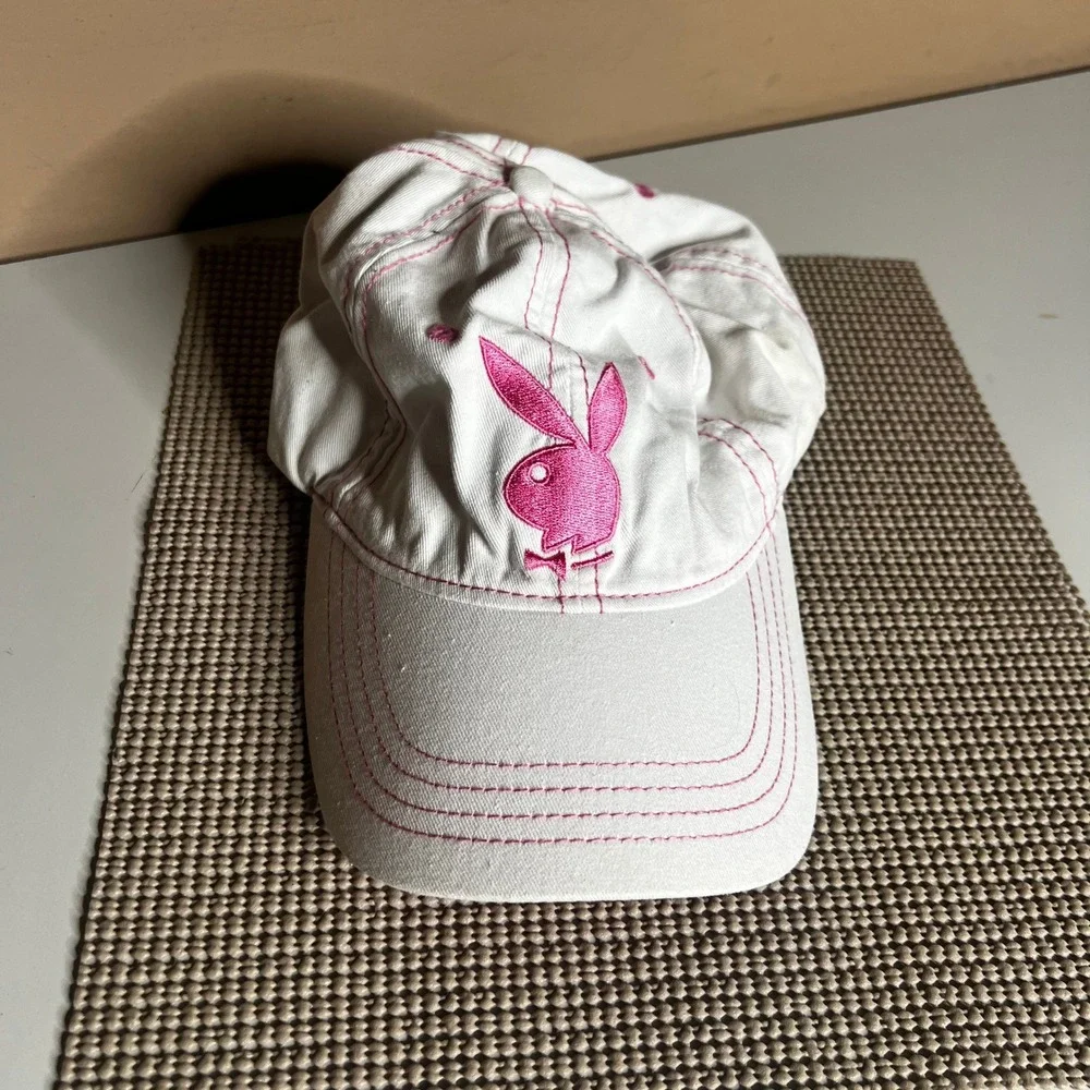 Playboy White Pink Bunny Logo Contrast Stitch Baseball Hat Adjustable Cap